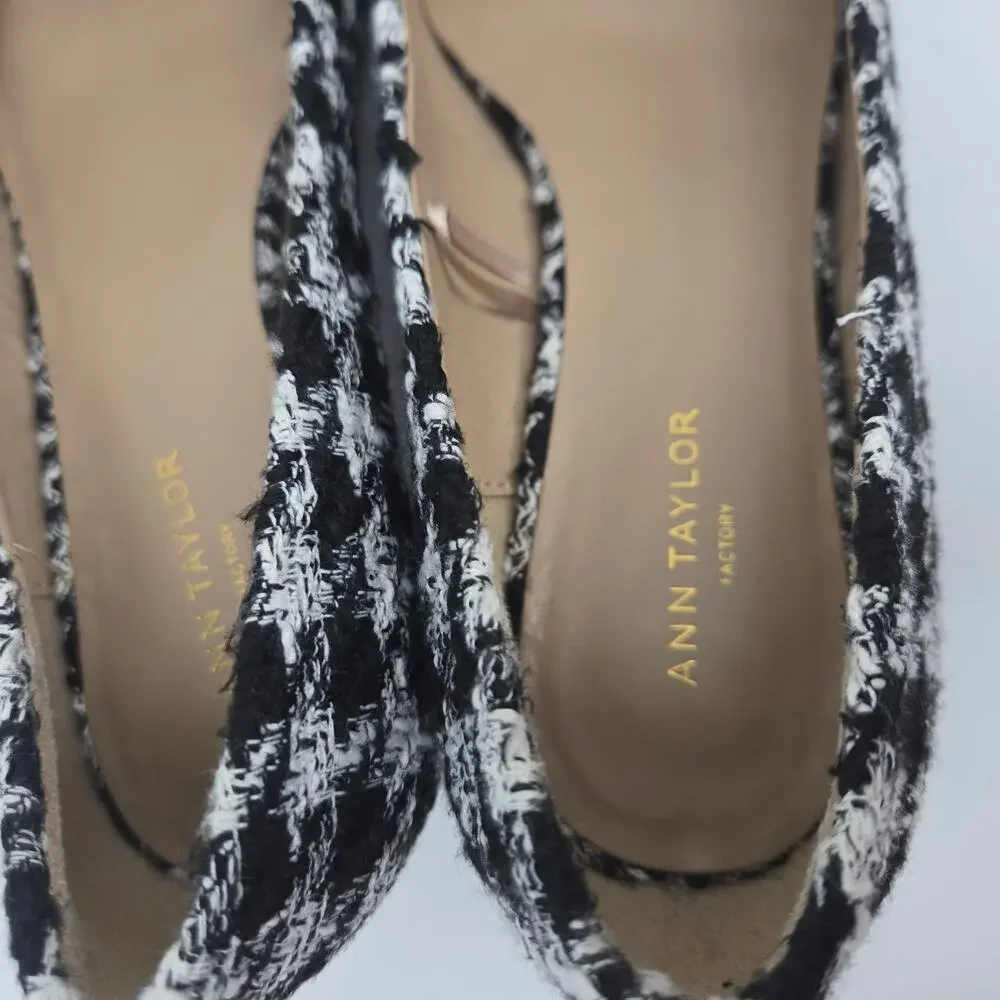 Ann Taylor 7.5M Tweed Pumps Heels Block Square Toe Black White Houndstooth